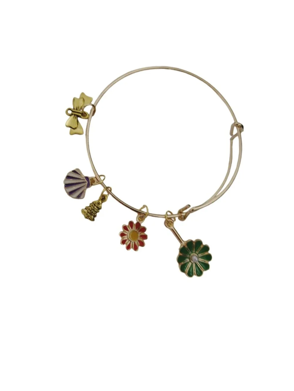 Adjustable Bangle Bracelet with Green & Red Flower Charms NWOT